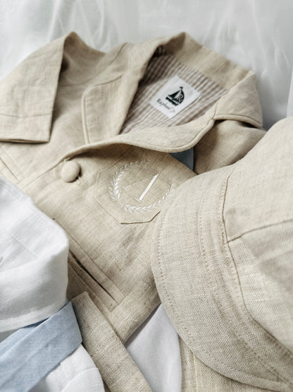White linen vest suit with beige linen jacket and accessories