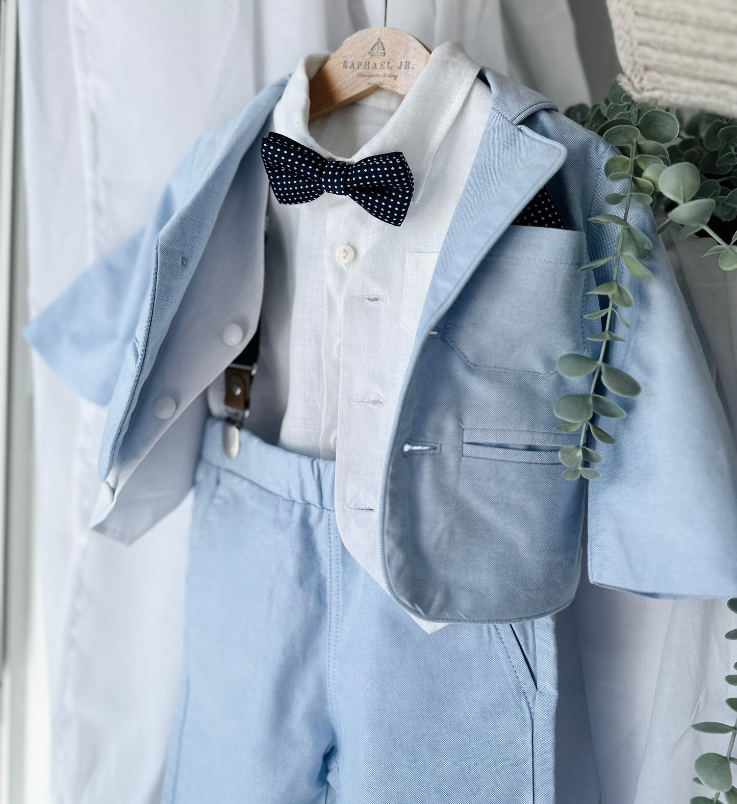 Pale Blue Suit with white linen vest and optional Jacket