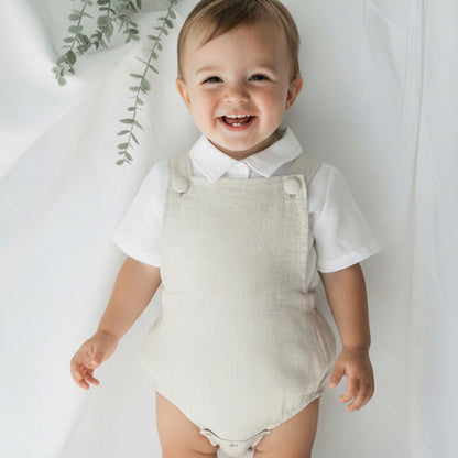 Beige and white linen and cotton baptism romper and linen shirt set