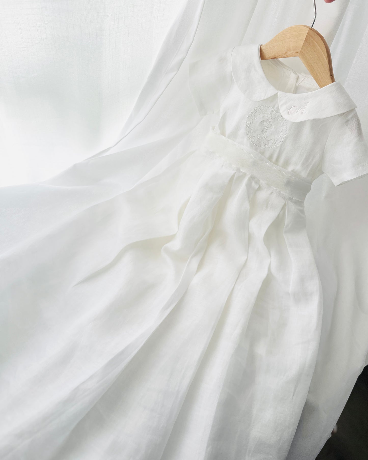 White Linen Baptism dress with detachable long skirt gown
