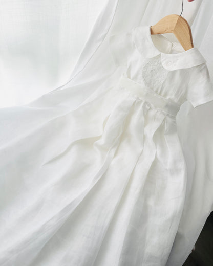 White Linen Baptism dress with detachable long skirt gown
