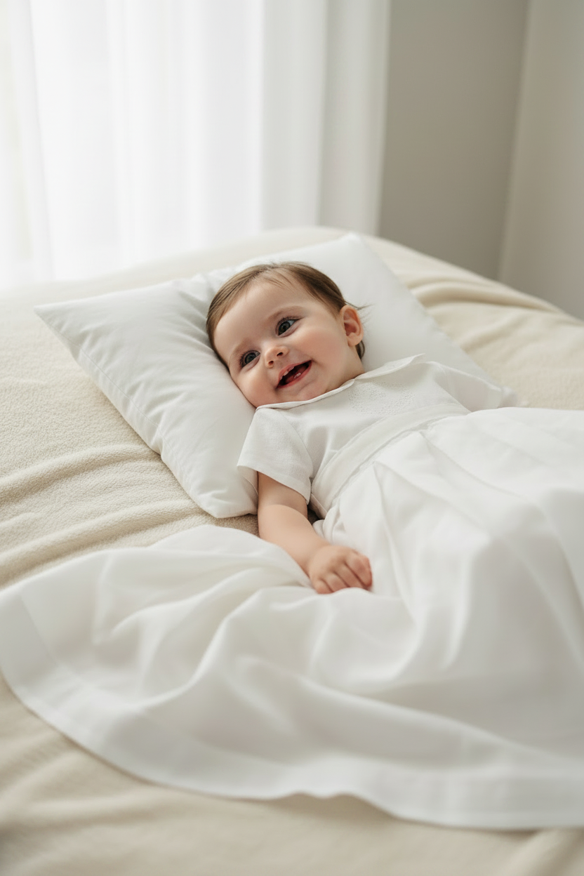 White Linen Baptism dress with detachable long skirt gown
