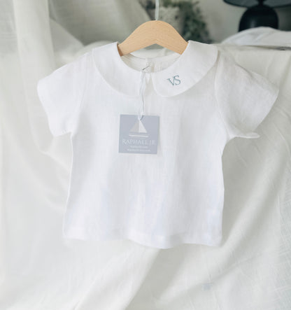 Boys white and grey linen baptism outfit with bloomers and blouse shirt