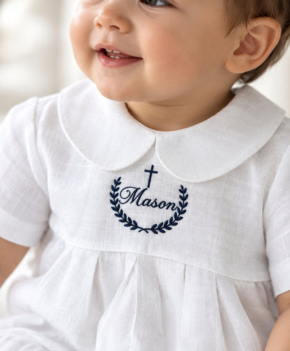 Linen Baptism peter pan collar bubble romper with optional embroidery customisation