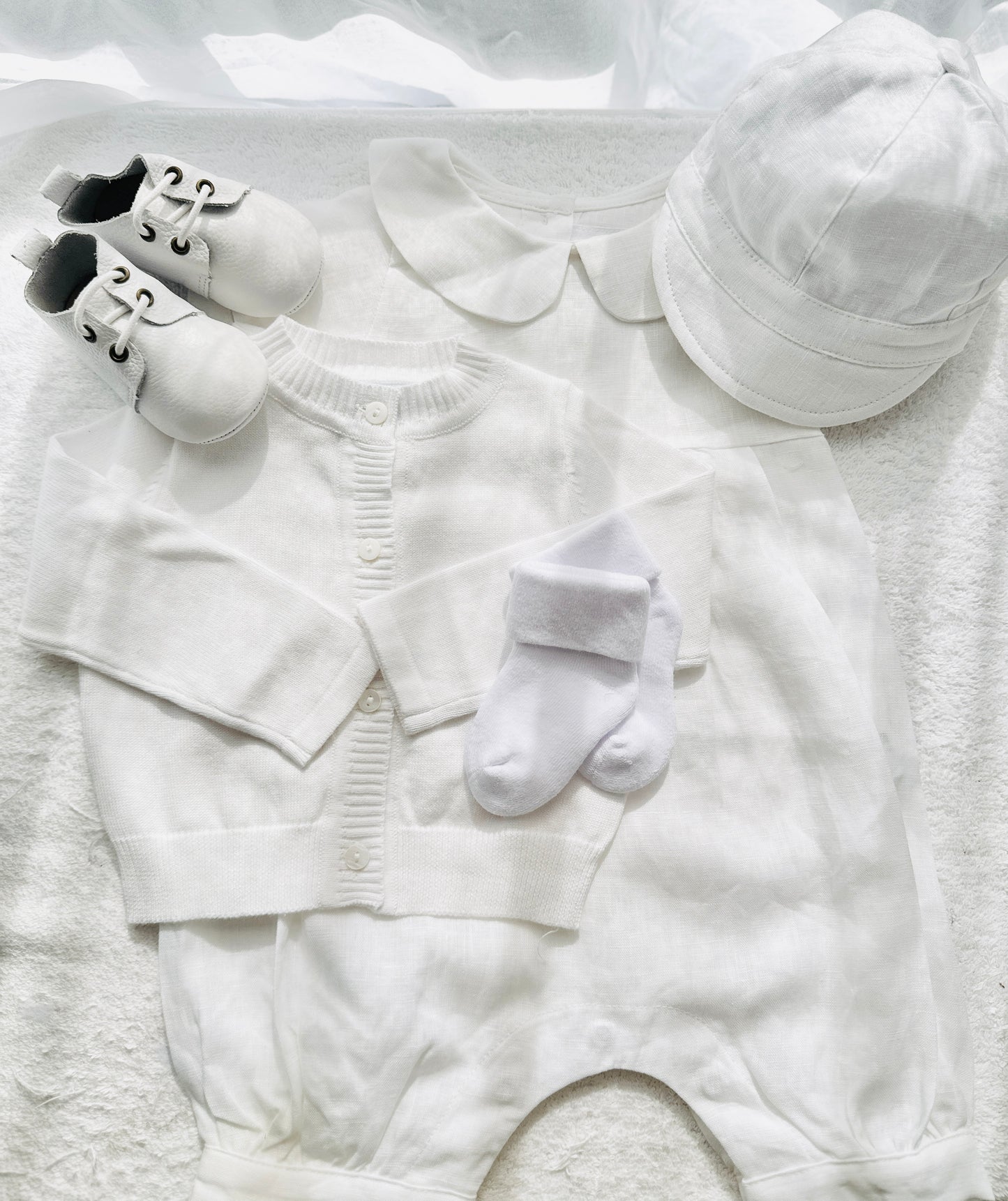 Linen Baptism 3/4 length jumpsuit romper with optional cardigan and embroidery