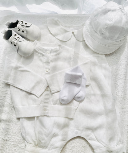 Linen Baptism 3/4 length jumpsuit romper with optional cardigan and embroidery