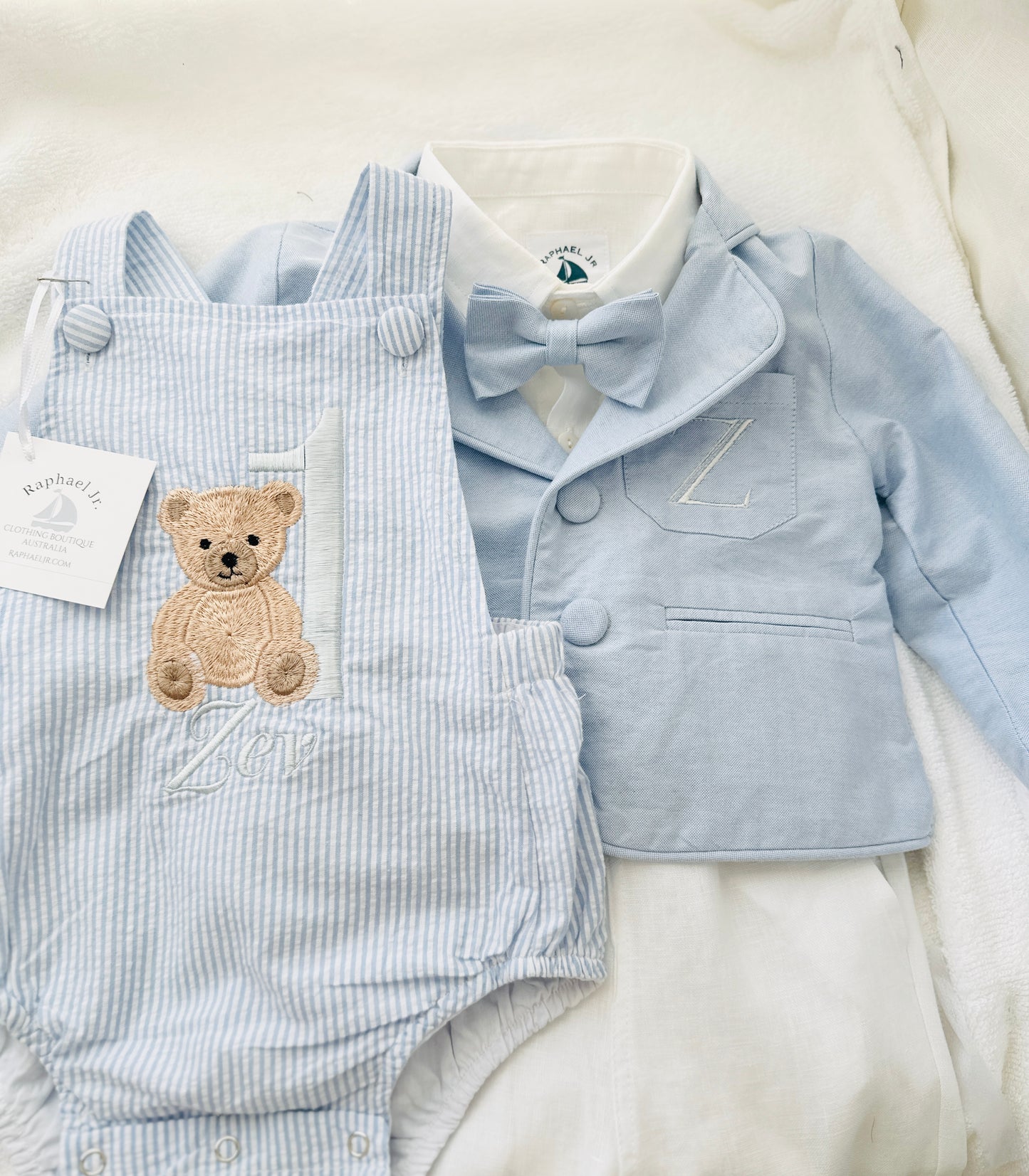 Boys Blue Seersucker teddy bear First Birthday romper
