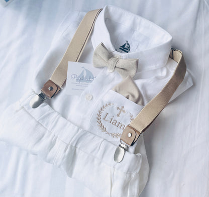Baby and Toddler Boys white linen baptism outfit with bloomers, shirt, suspenders, bow tie