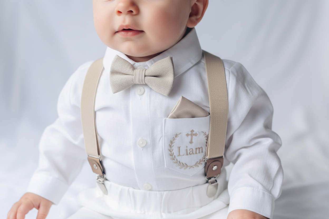 White and Beige Linen Set with optional Jacket Accessories and Embroidery