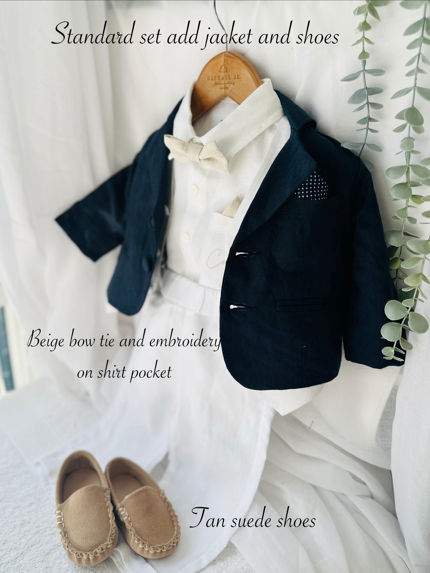 Boys white vest with white linen suit and navy jacket set