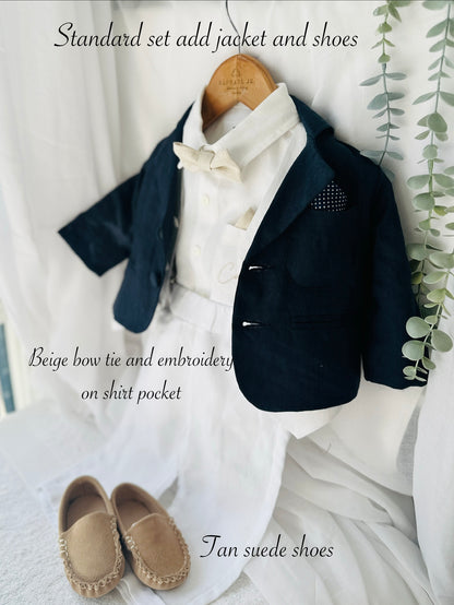 Boys white vest with white linen suit and navy jacket set