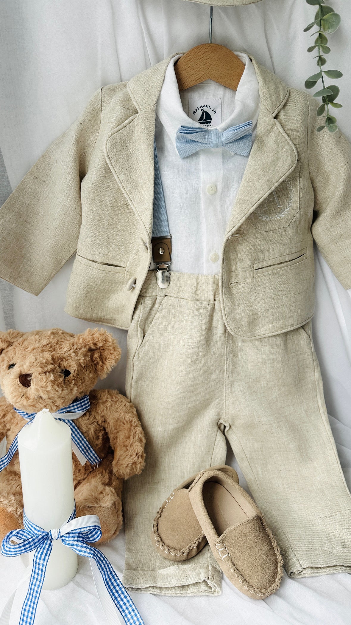 Beige Linen full length suit with pants, shirt, jacket and accessories