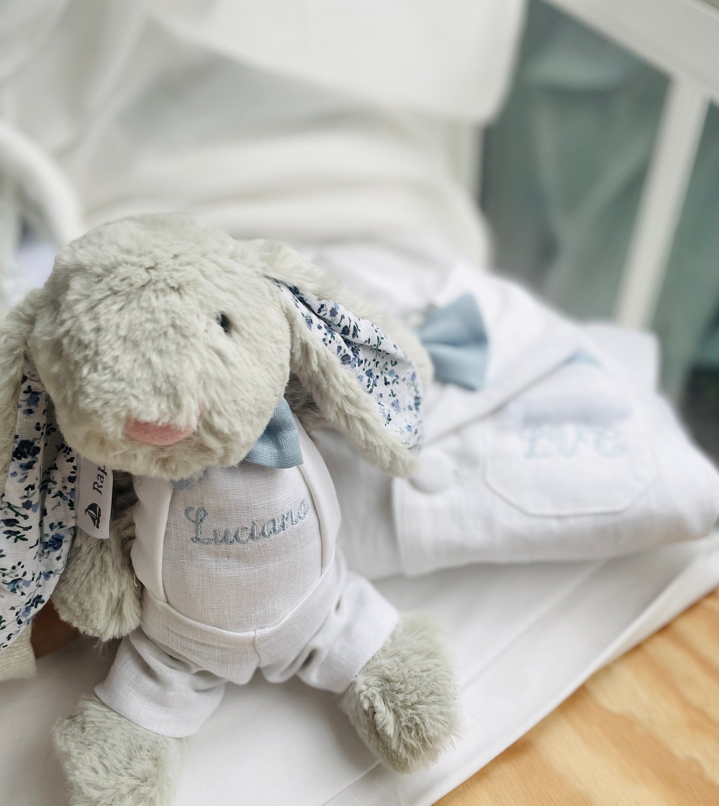 Grey fluffy christening bunny rabbit toy in little suit and bow tie to match babys outfit embroidery optional