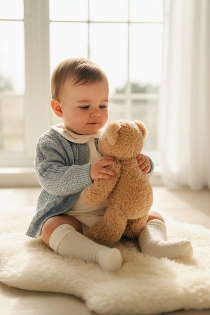 Baby outfit with blue cardigan, round collar bodysuit and white linen bloomers and long socks