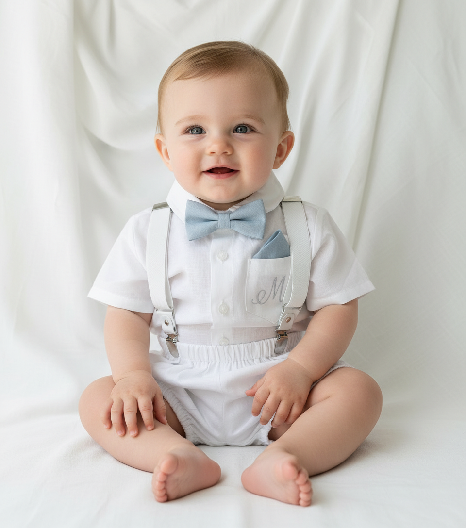 Baby and Toddler Boys white linen baptism outfit with bloomers, shirt, suspenders, bow tie