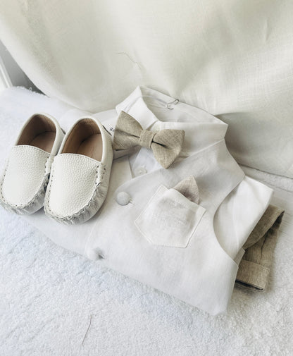 Boys white and beige linen Baptism and Wedding Outfit with vest, shirt, shorts, suspenders and bow tie