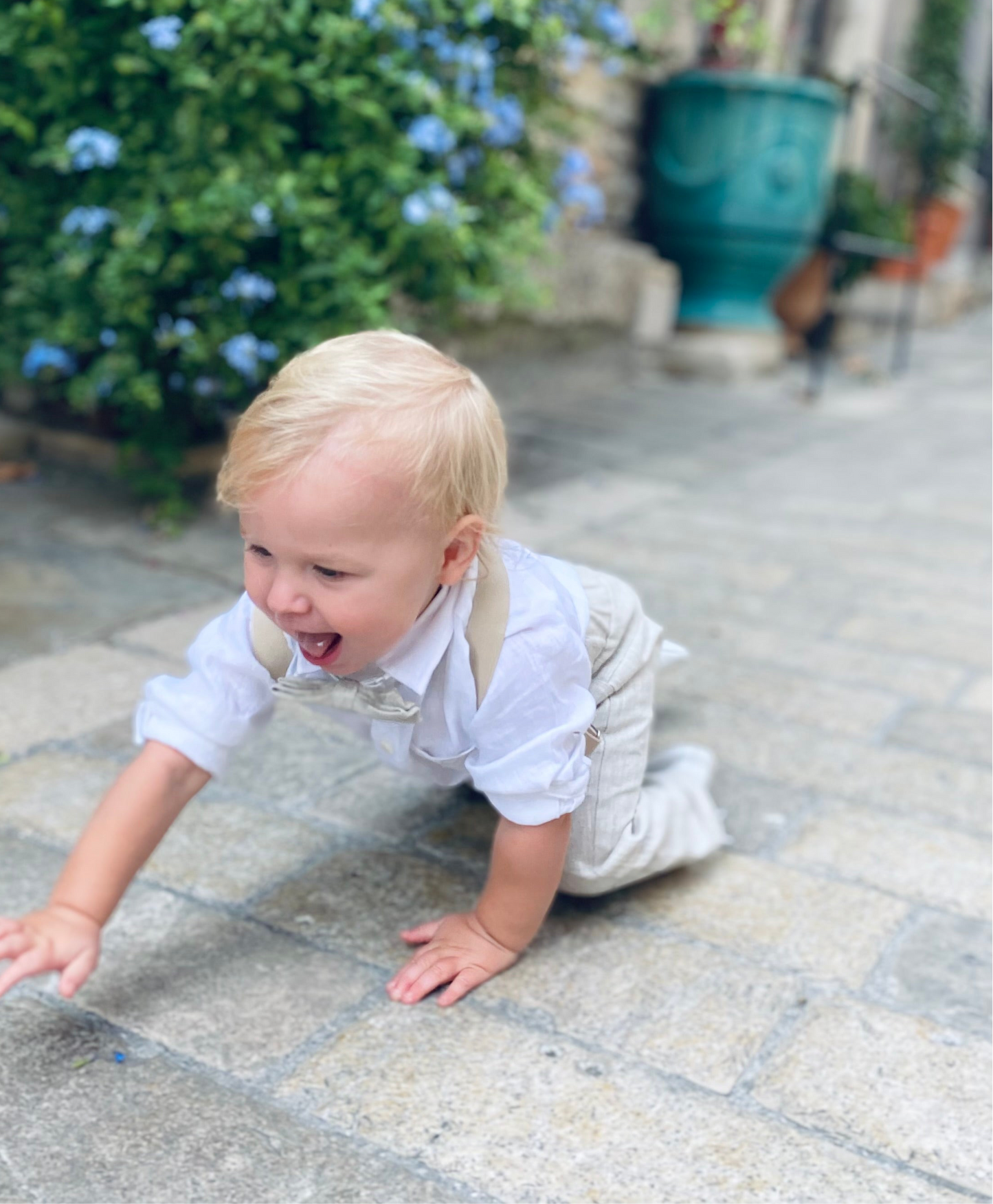 Boys Pale Blue chambray Jacket and beige Linen pants suit