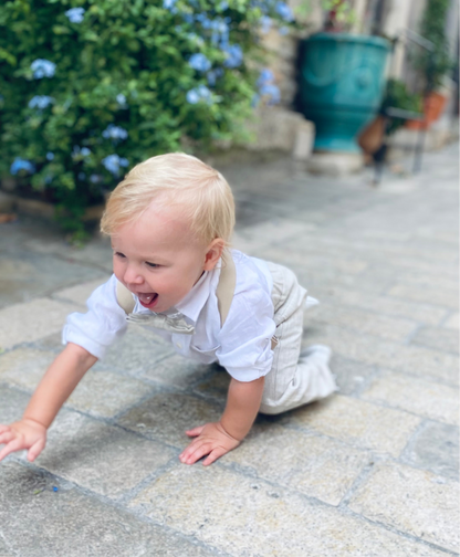 Boys Pale Blue chambray Jacket and beige Linen pants suit
