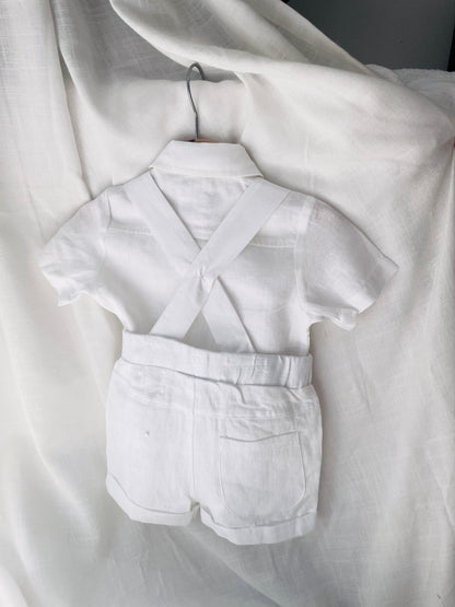 Boys white pure linen overalls suspender shorts with optional shirt and embroidery