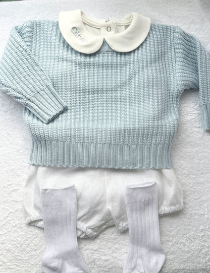 Baptism outfit with blue jumper, off white onesie and white linen bloomers and long socks