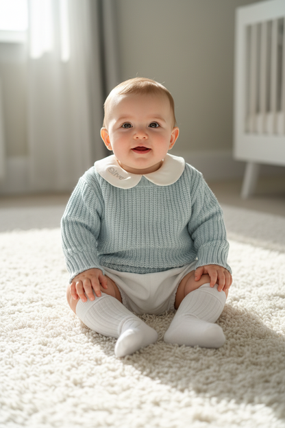 Baptism outfit with blue jumper, off white onesie and white linen bloomers and long socks