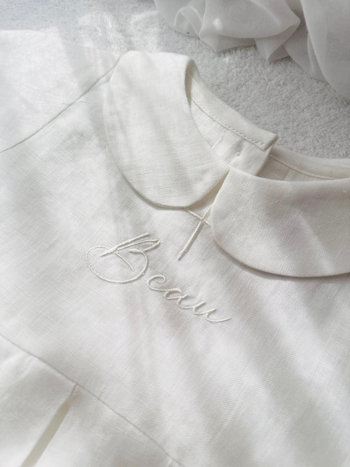 Linen Baptism peter pan collar bubble romper with optional embroidery customisation