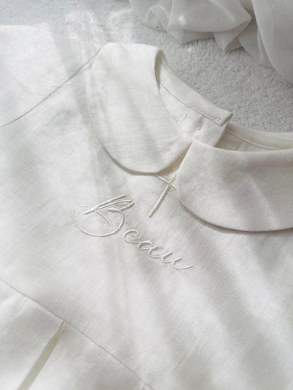 Linen Baptism peter pan collar bubble romper with optional embroidery customisation