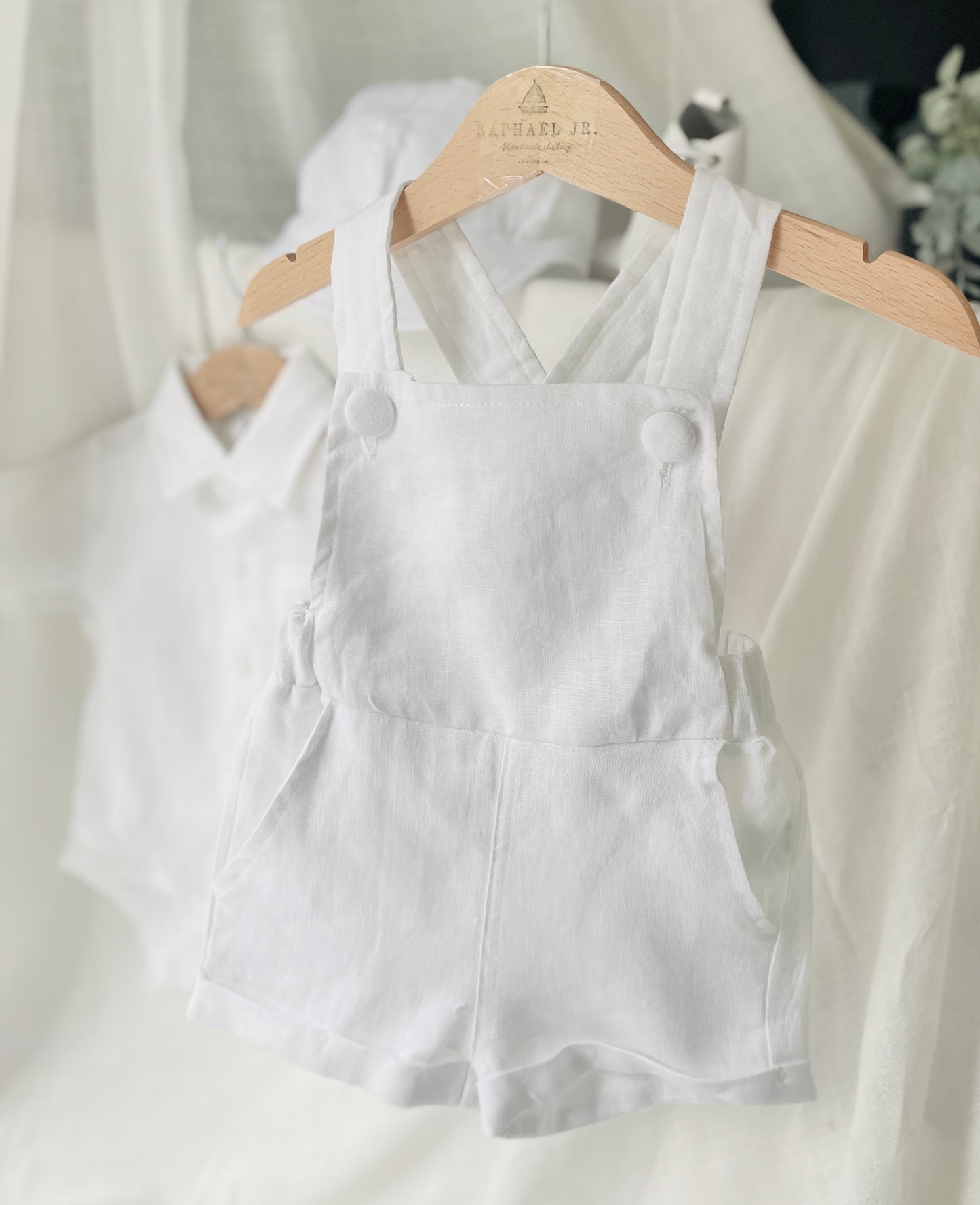 Boys white pure linen overalls suspender shorts with optional shirt and embroidery