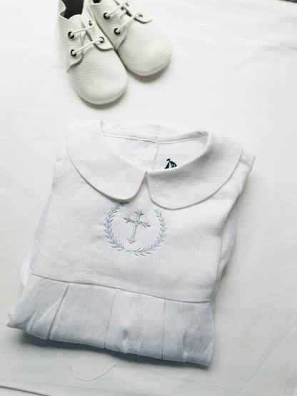 Linen Baptism peter pan collar bubble romper with optional embroidery customisation