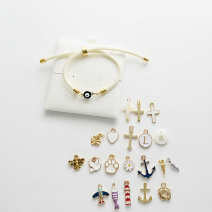 Evil eye bracelet white rope with gold clasps and optional charm