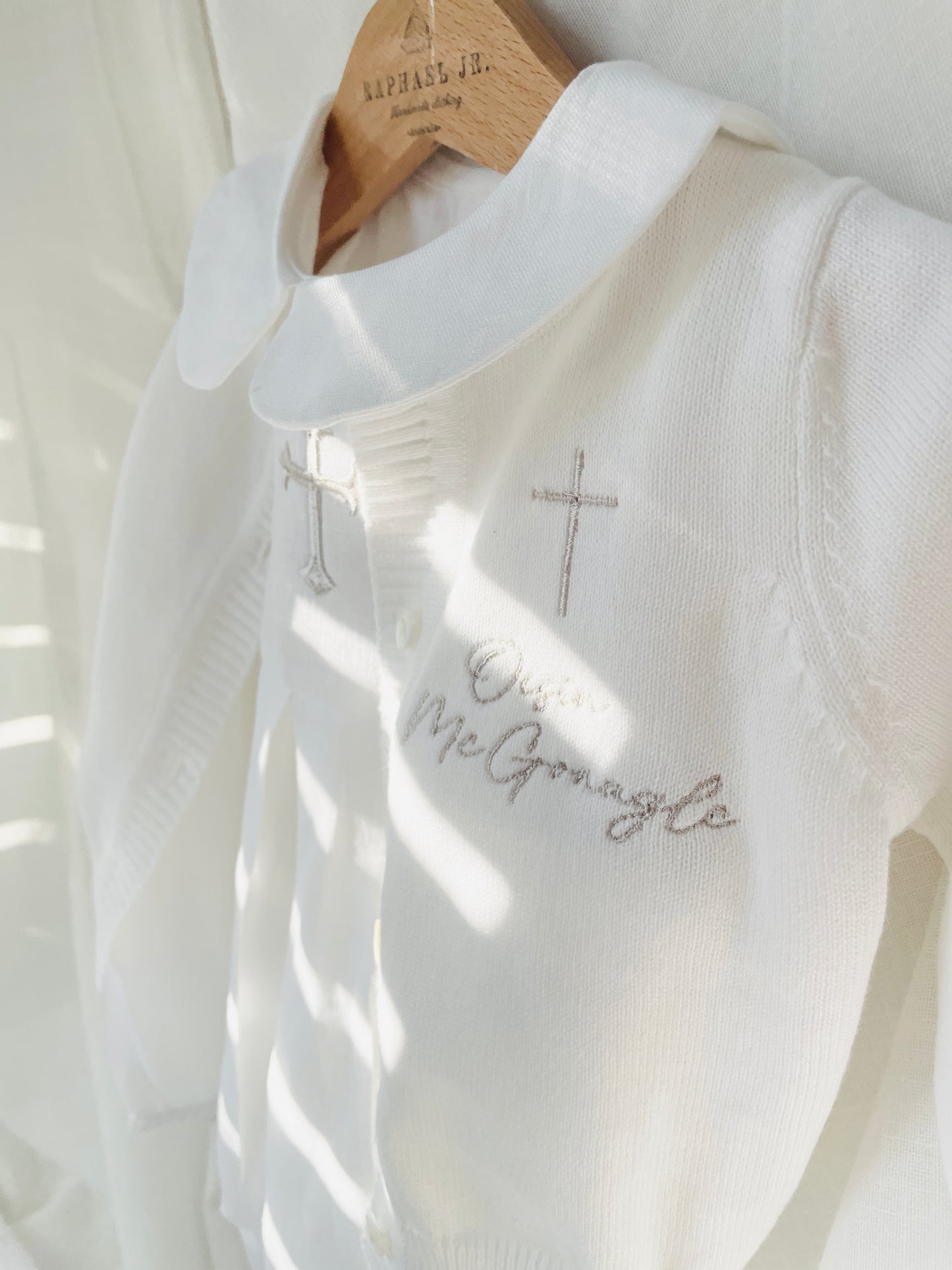 Linen Baptism peter pan collar bubble romper with optional embroidery customisation