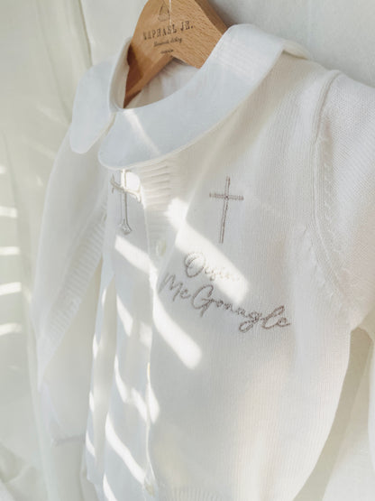 Linen Baptism peter pan collar bubble romper with optional embroidery customisation