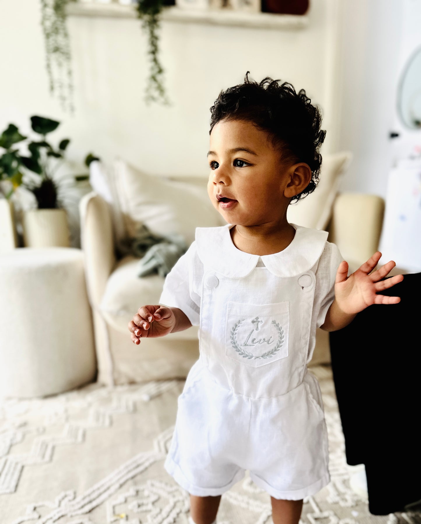 Boys white pure linen overalls suspender shorts with optional linen blouse and embroidery
