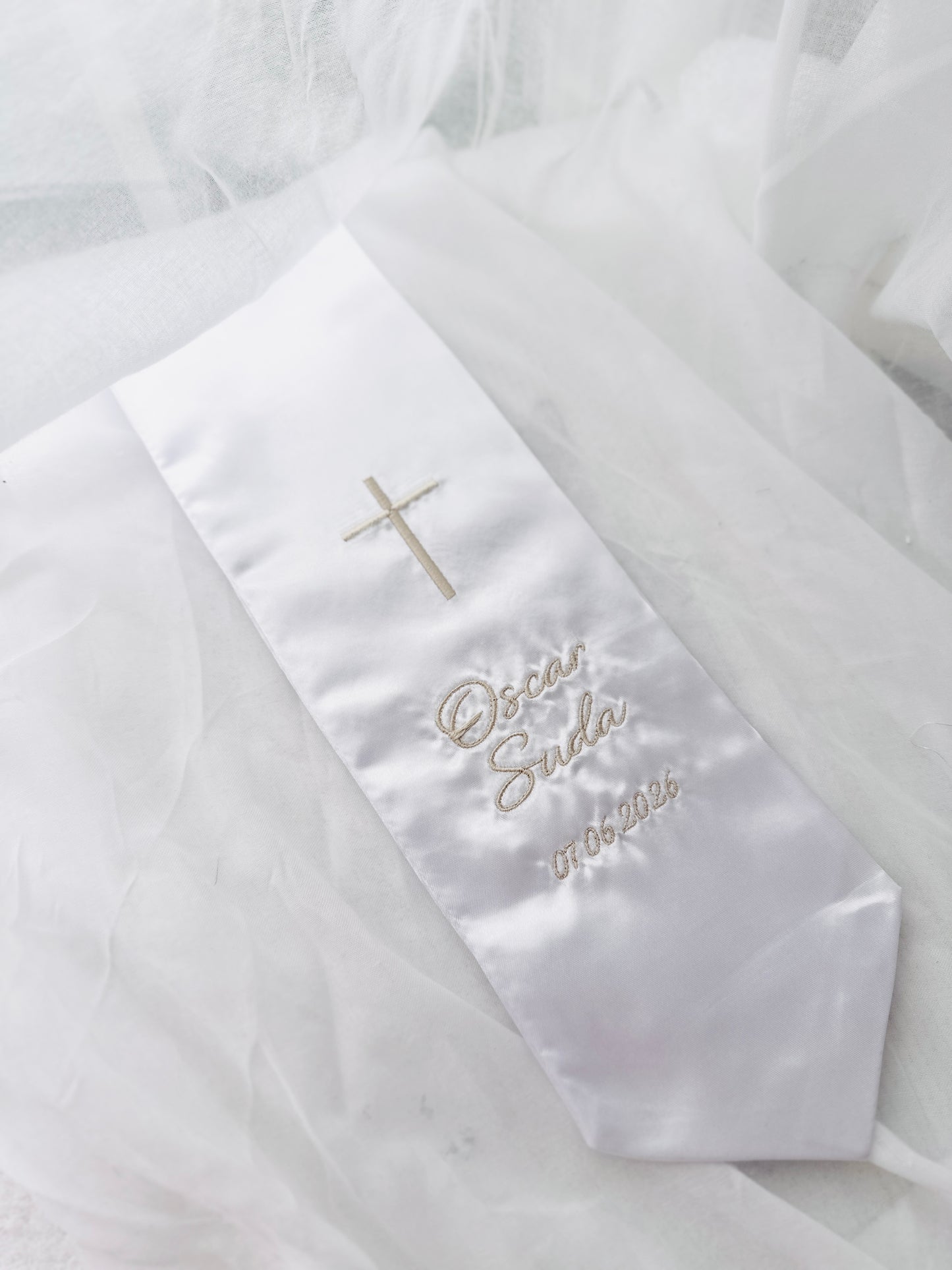 White satin children's sash stole for Baptisms 60in long