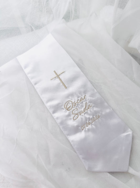 White satin children's sash stole for Baptisms 60in long