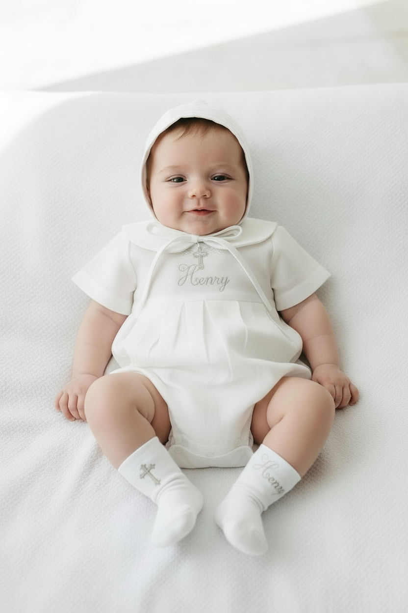 Linen Baptism peter pan collar bubble romper with optional embroidery customisation