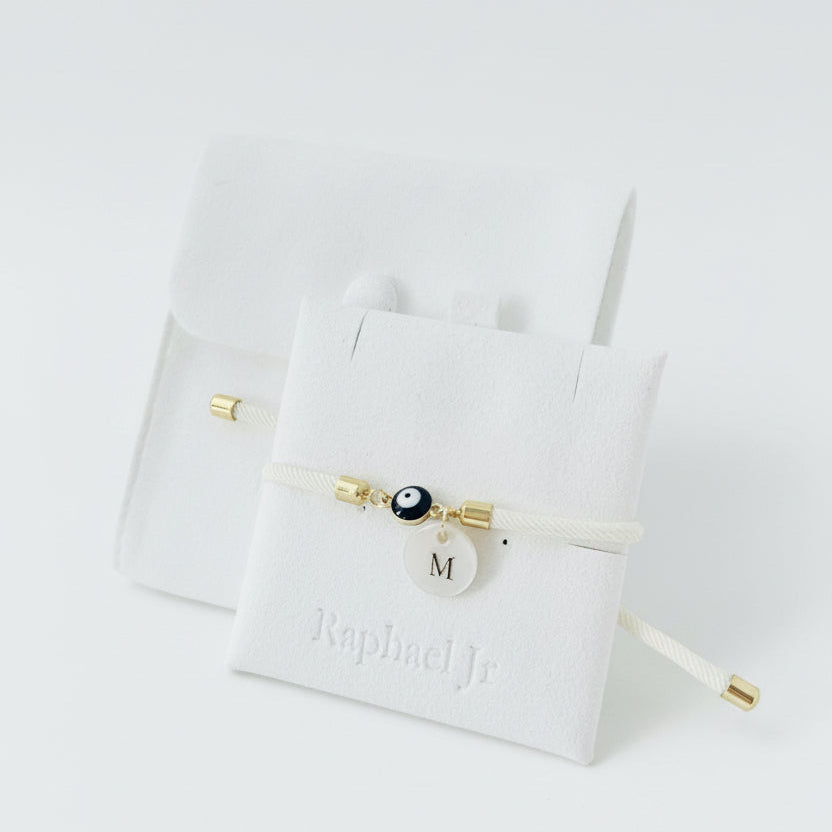Evil eye bracelet white rope with gold clasps and optional charm