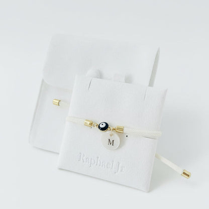 Evil eye bracelet white rope with gold clasps and optional charm
