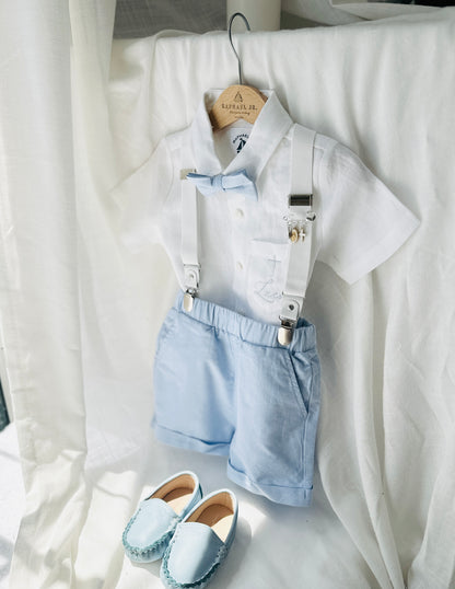 Boys pale blue shorts with linen shirt, blue suspenders and bow tie outfit plus optional extras
