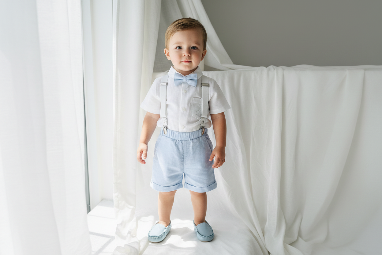 Blue chambray set with blue pants, white linen shirt, white, blue or beige suspenders and blue bow tie