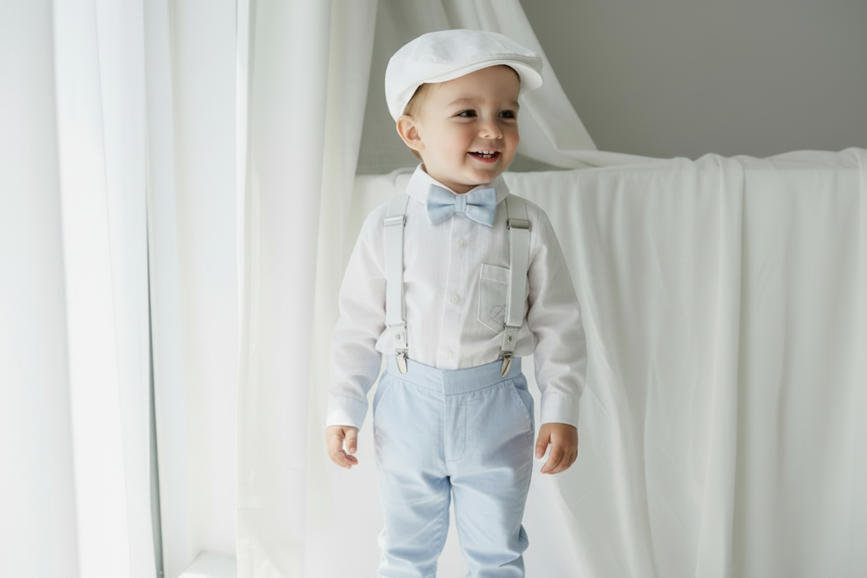 Blue chambray set with blue pants, white linen shirt, white, blue or beige suspenders and blue bow tie