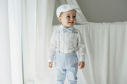 Blue chambray set with blue pants, white linen shirt, white, blue or beige suspenders and blue bow tie