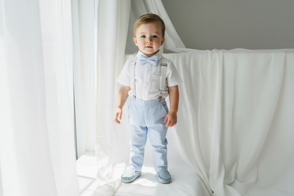 Blue chambray set with blue pants, white linen shirt, white, blue or beige suspenders and blue bow tie