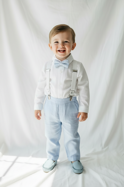 Blue chambray set with blue pants, white linen shirt, white, blue or beige suspenders and blue bow tie