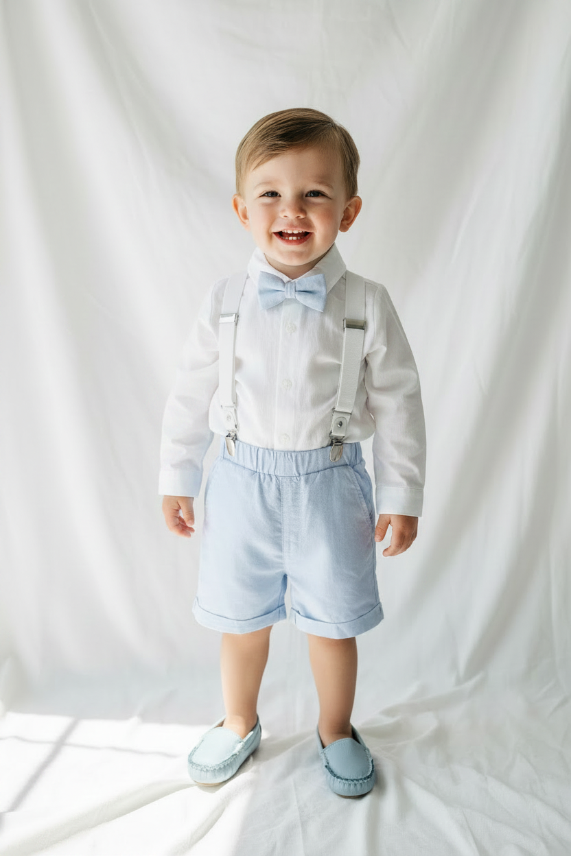 Blue chambray set with blue pants, white linen shirt, white, blue or beige suspenders and blue bow tie