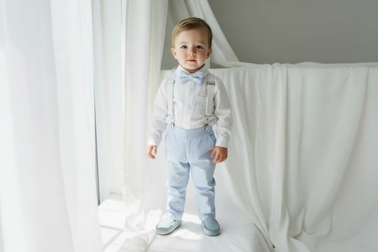Blue chambray set with blue pants, white linen shirt, white, blue or beige suspenders and blue bow tie