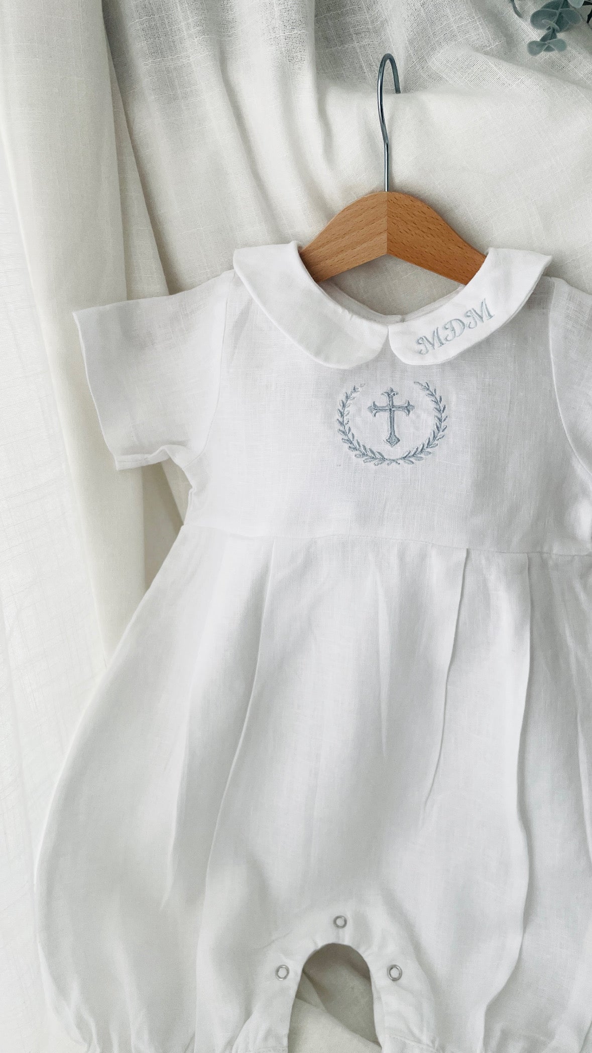 White Linen Unisex Baptism Gown 3/4 length romper with detachable skirt