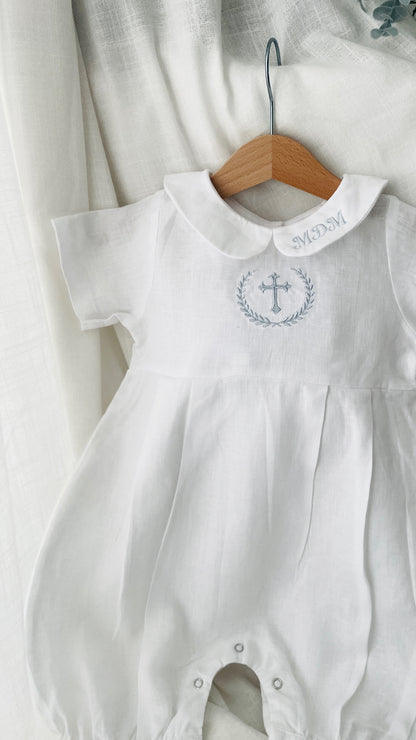 White Linen Unisex Baptism Gown 3/4 length romper with detachable skirt