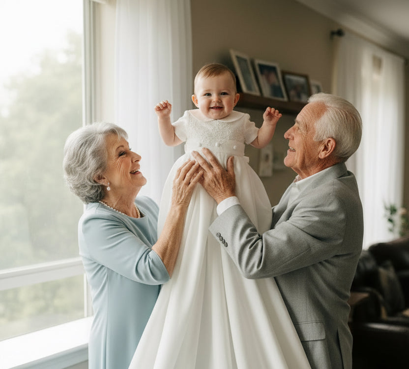 White Linen Baptism dress with detachable long skirt gown