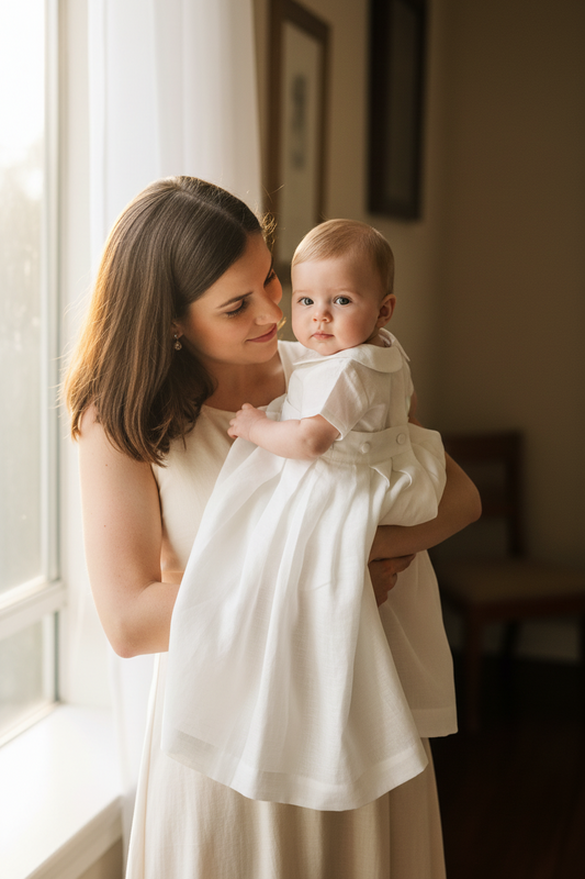 White Linen Baptism dress with detachable long skirt gown